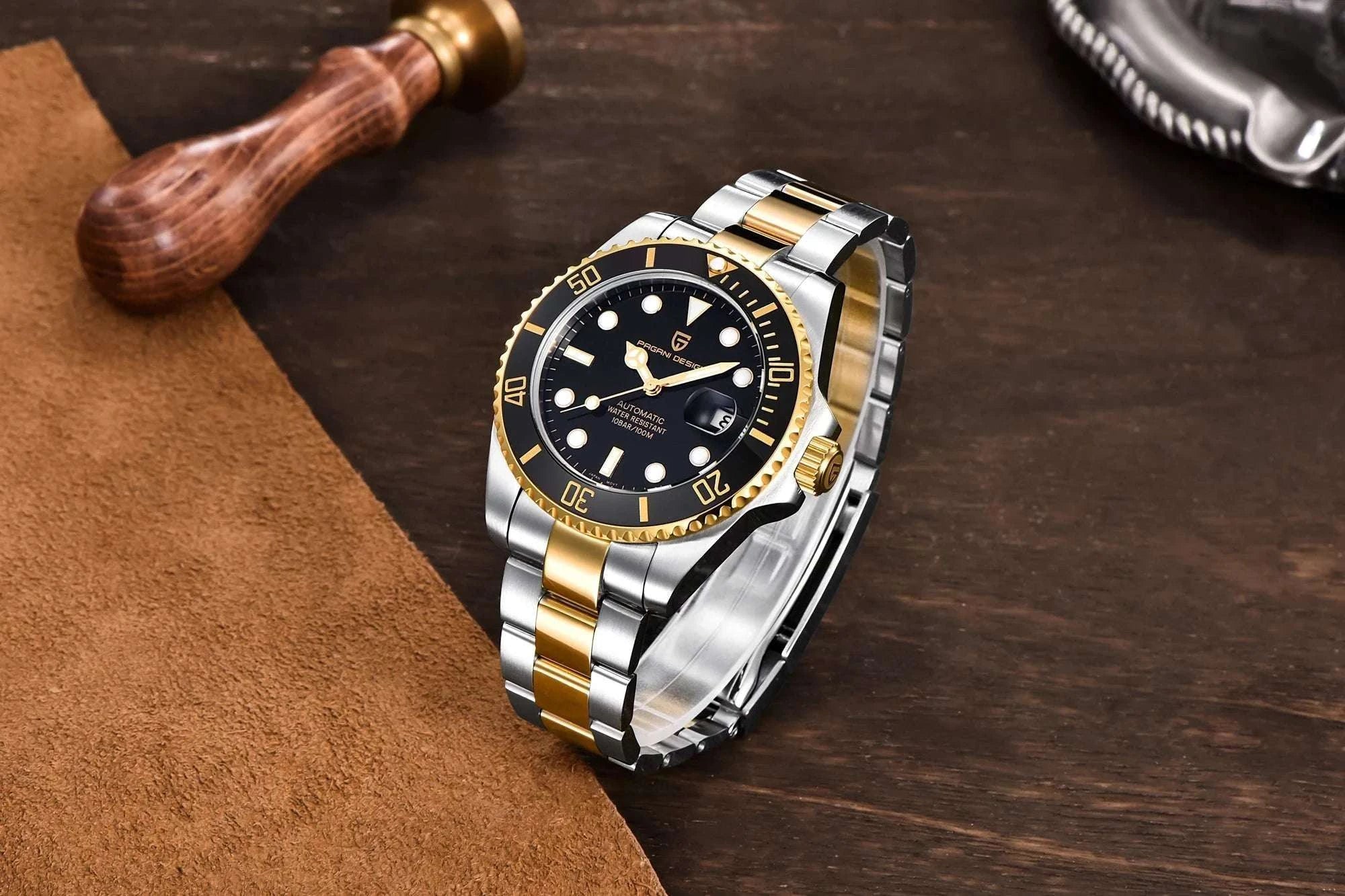 Men’s Automatic Mechanical Watch Sapphire Steel 10Bar Waterproof-Gold Black / TMI NH35A / United States