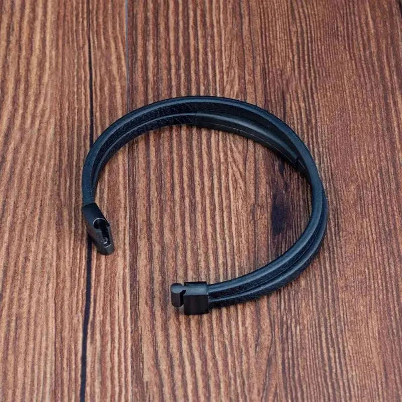Men's Black Genuine Leather Double-Layer Braided Bracelet-Style 6 / 18.5cm