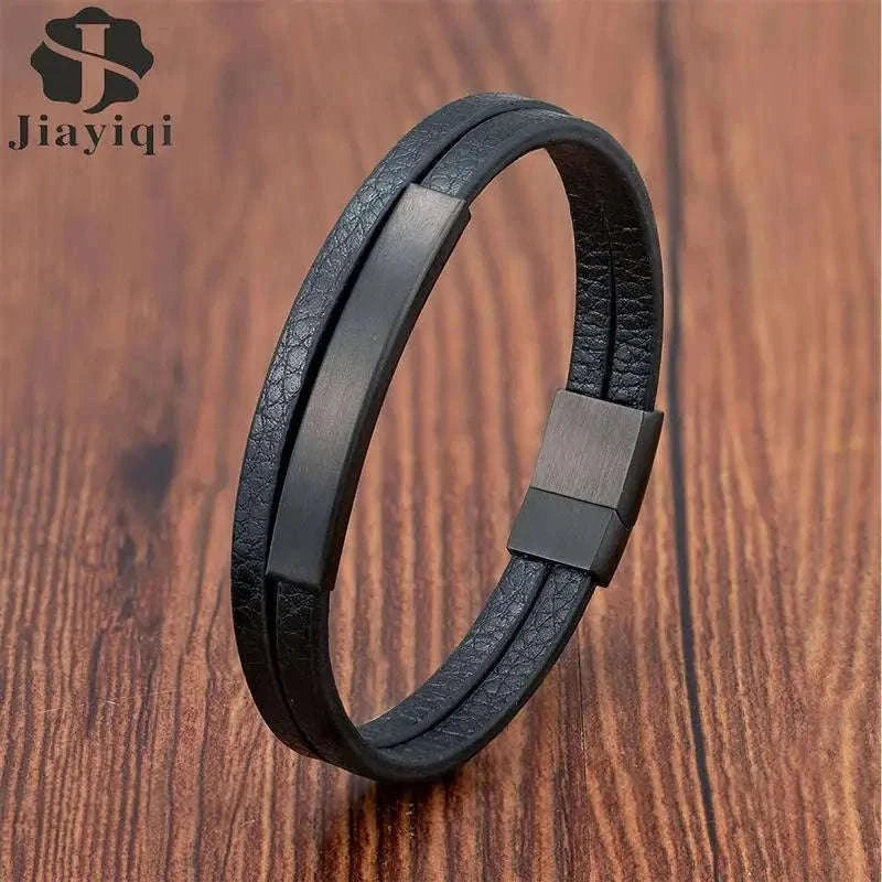 Men's Black Genuine Leather Double-Layer Braided Bracelet-Style 6 / 18.5cm
