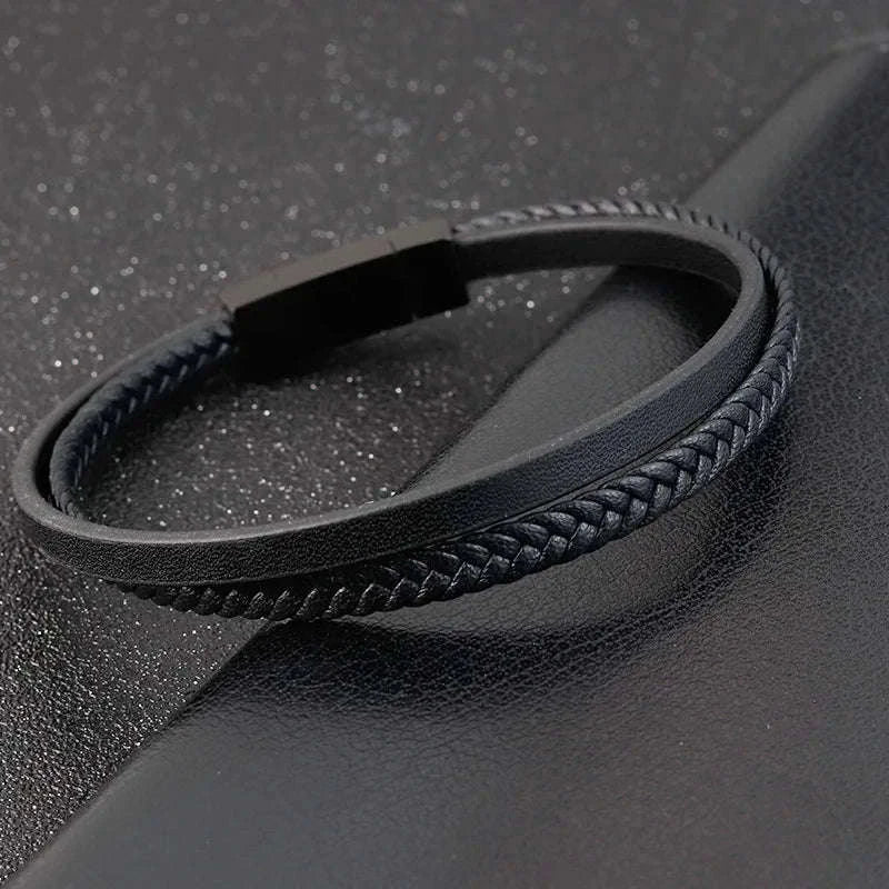 Men's Black Genuine Leather Double-Layer Braided Bracelet-Style 6 / 18.5cm