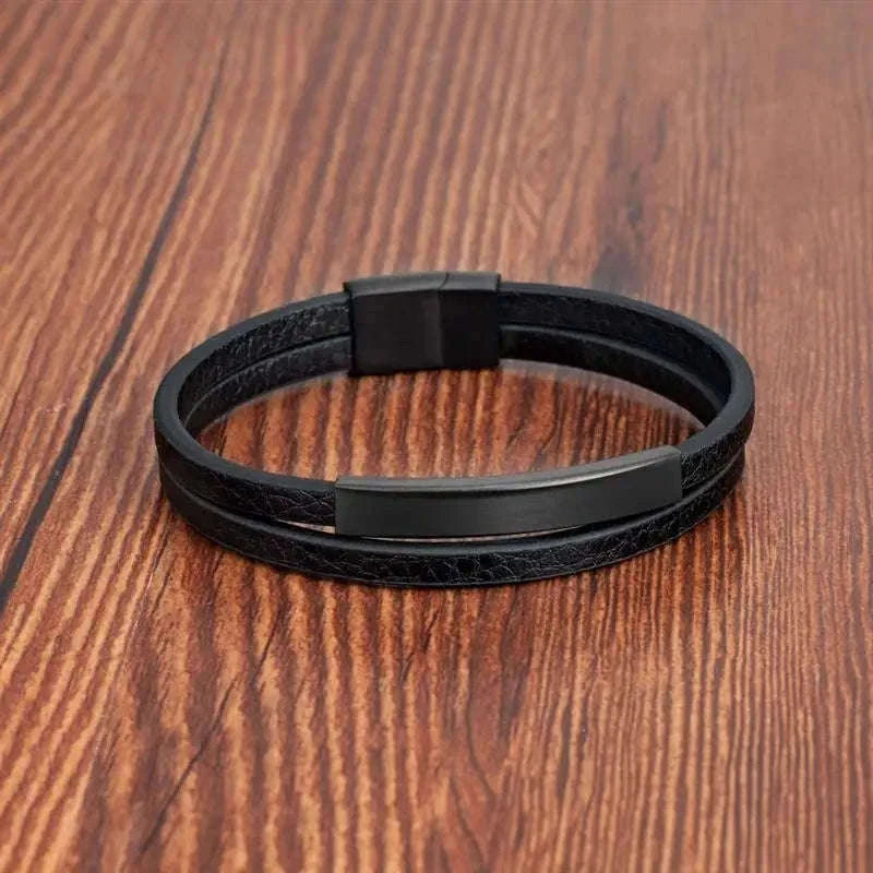 Men's Black Genuine Leather Double-Layer Braided Bracelet-Style 6 / 18.5cm