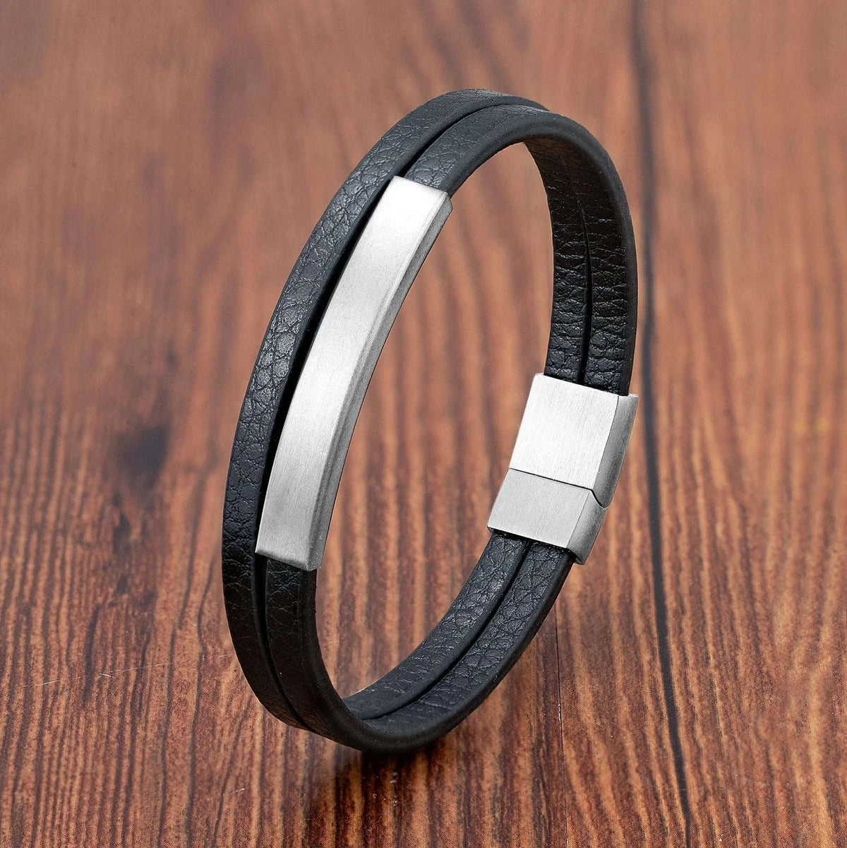 Men's Black Genuine Leather Double-Layer Braided Bracelet-Style 6 / 18.5cm
