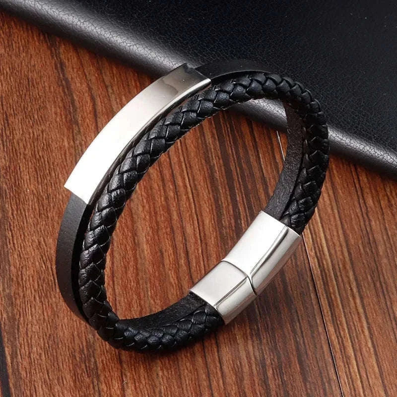 Men's Black Genuine Leather Double-Layer Braided Bracelet-Style 6 / 18.5cm
