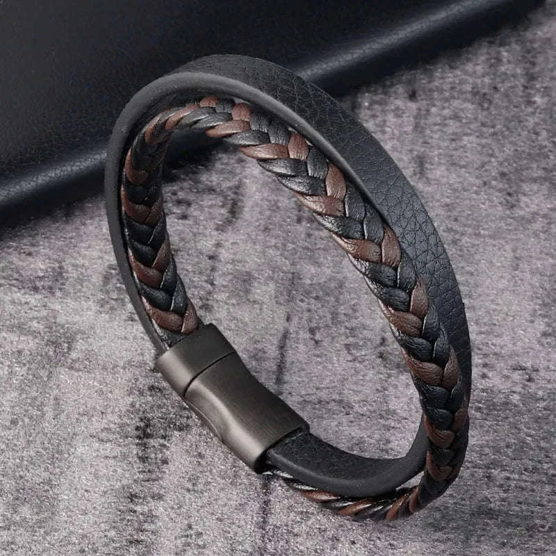 Men's Black Genuine Leather Double-Layer Braided Bracelet-Style 6 / 18.5cm
