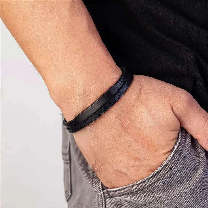 Men's Black Genuine Leather Double-Layer Braided Bracelet-Style 6 / 18.5cm