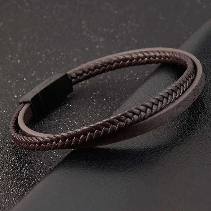 Men's Black Genuine Leather Double-Layer Braided Bracelet-Style 6 / 18.5cm