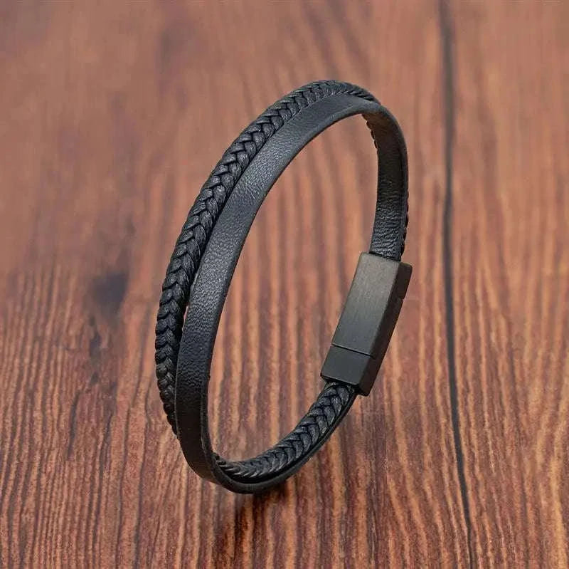 Men's Black Genuine Leather Double-Layer Braided Bracelet-Style 6 / 18.5cm