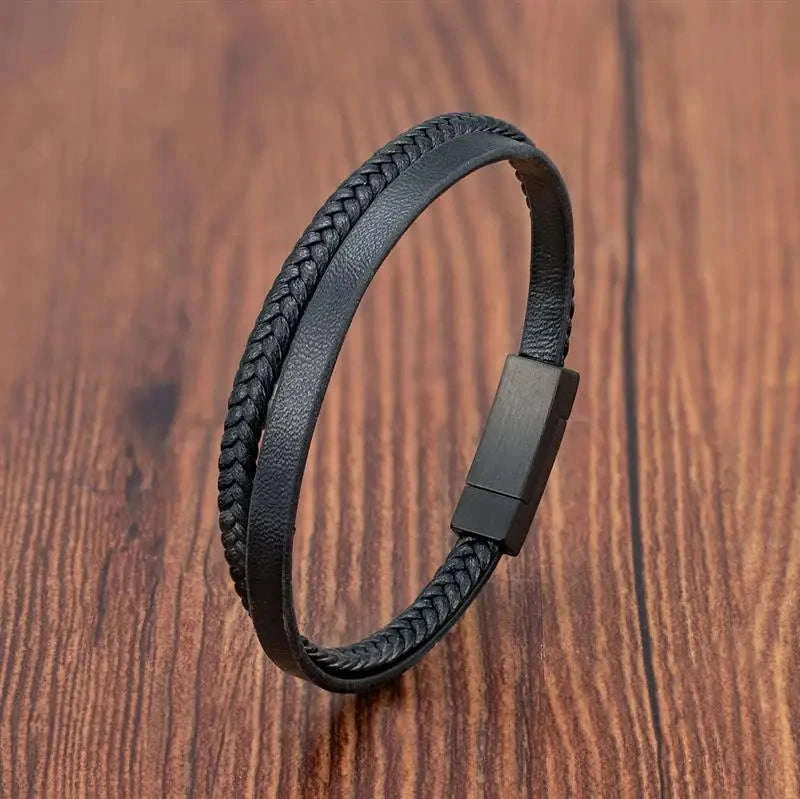 Men's Black Genuine Leather Double-Layer Braided Bracelet-Style 6 / 20.5cm