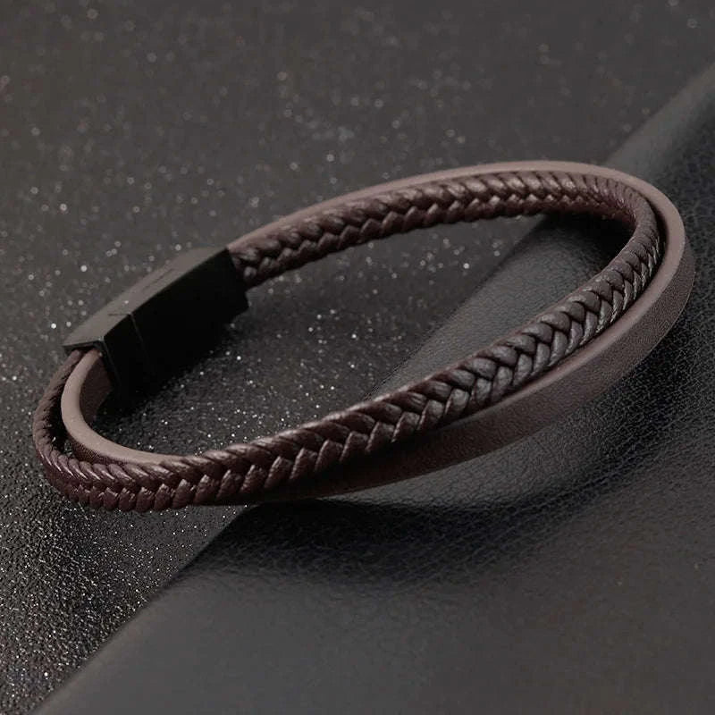 Men's Black Genuine Leather Double-Layer Braided Bracelet-Style 6 / 20.5cm