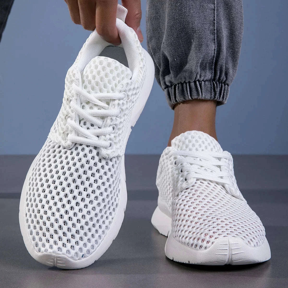 Men’s Breathable Mesh Summer Shoes Lightweight Casual Hiking Sneakers-White / 45