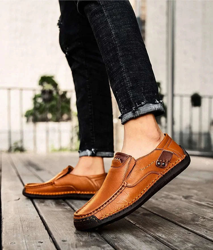 Men's Breathable Slip-On Leather Loafers-Light Brown / 48