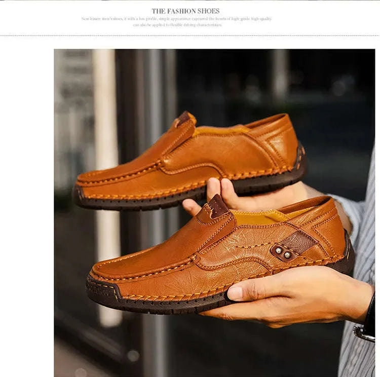 Men's Breathable Slip-On Leather Loafers-Light Brown / 48