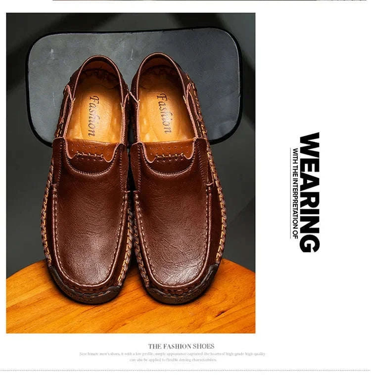 Men's Breathable Slip-On Leather Loafers-Light Brown / 48