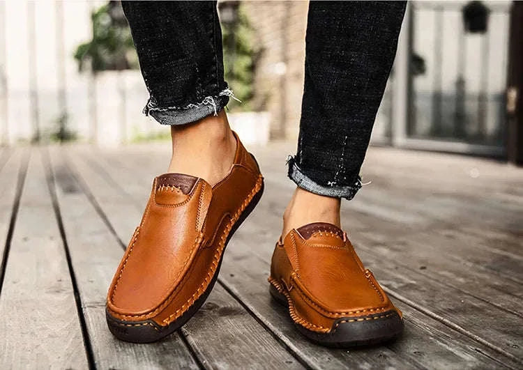 Men's Breathable Slip-On Leather Loafers-Light Brown / 48