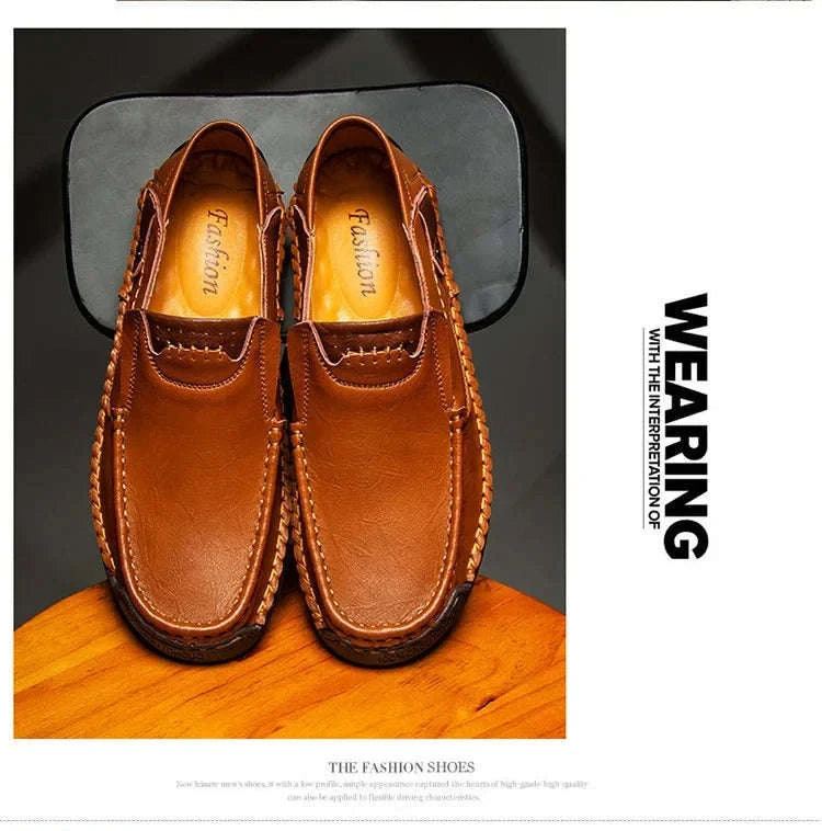 Men's Breathable Slip-On Leather Loafers-Light Brown / 48
