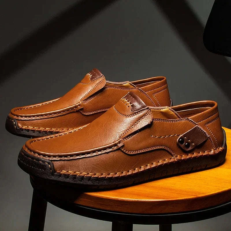 Men's Breathable Slip-On Leather Loafers-Light Brown / 48