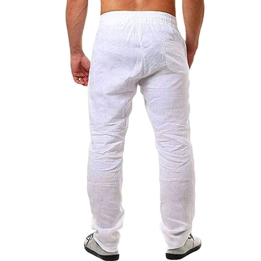 Men's Cotton Linen Pants with Elastic Waist and Drawstring-SKY BLUE / XXL 90-100 KG
