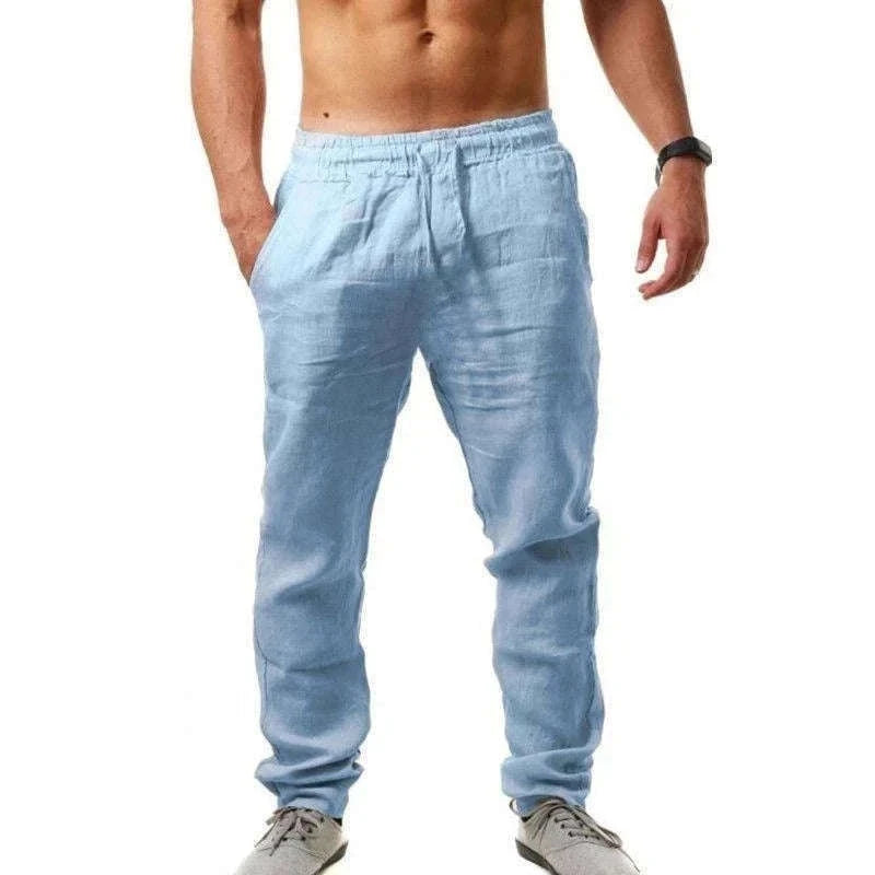 Men's Cotton Linen Pants with Elastic Waist and Drawstring-SKY BLUE / XXL 90-100 KG
