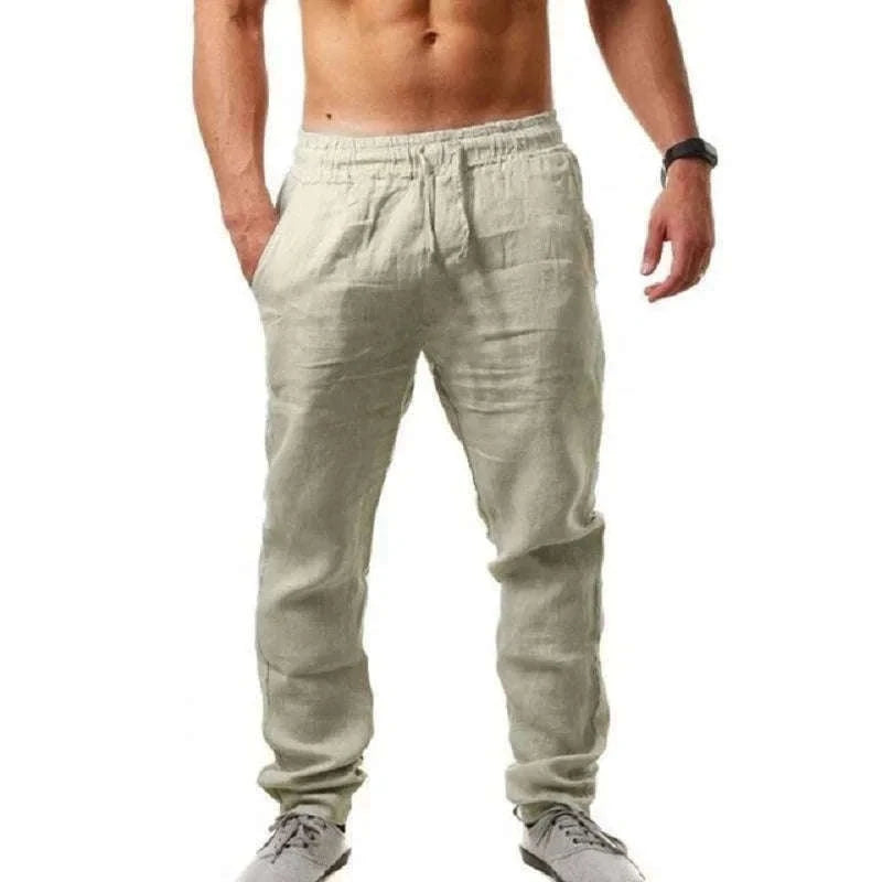 Men's Cotton Linen Pants with Elastic Waist and Drawstring-SKY BLUE / XXL 90-100 KG