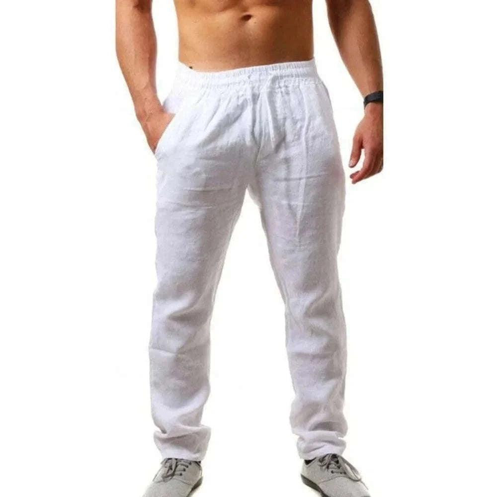 Men's Cotton Linen Pants with Elastic Waist and Drawstring-SKY BLUE / XXL 90-100 KG