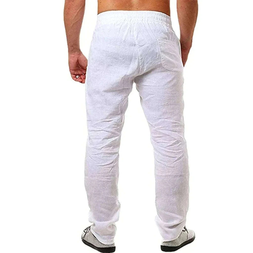 Men's Cotton Linen Pants with Elastic Waist and Drawstring-SKY BLUE / XXL 90-100 KG
