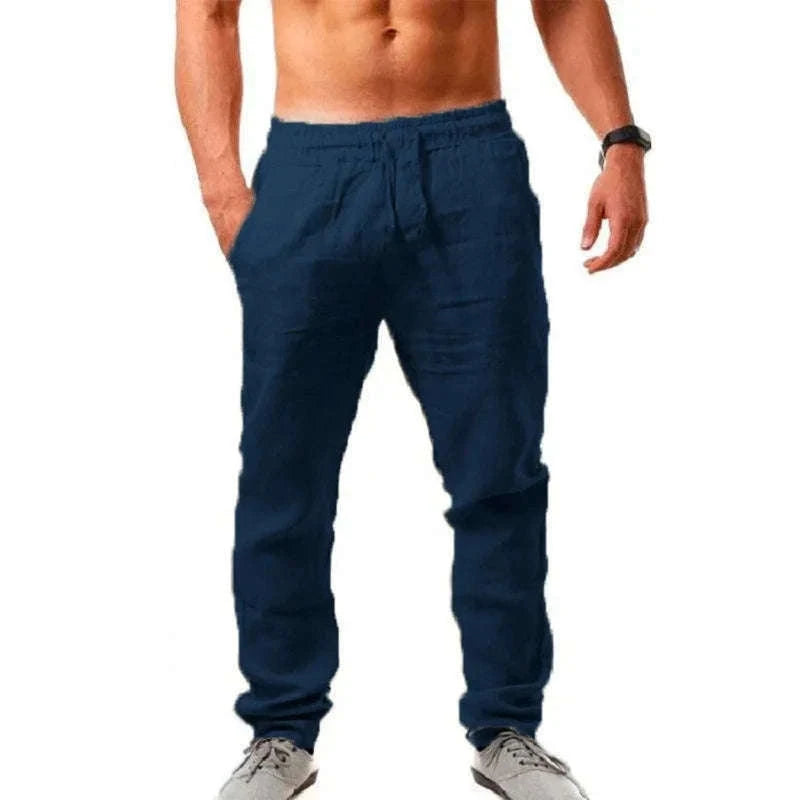 Men's Cotton Linen Pants with Elastic Waist and Drawstring-SKY BLUE / XXL 90-100 KG