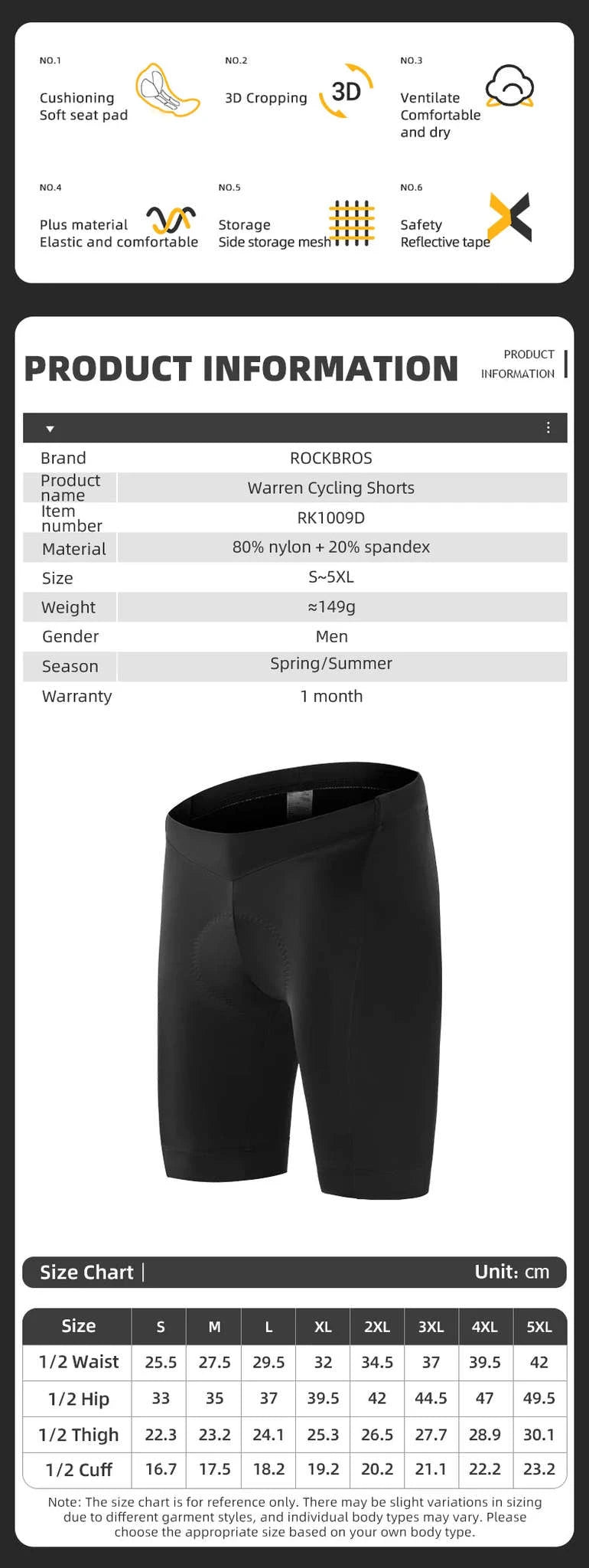 Men’s Cycling Shorts with Pockets Breathable Quick-Dry Anti-Slip Grip-RK1009D / Asian M(EUR S)