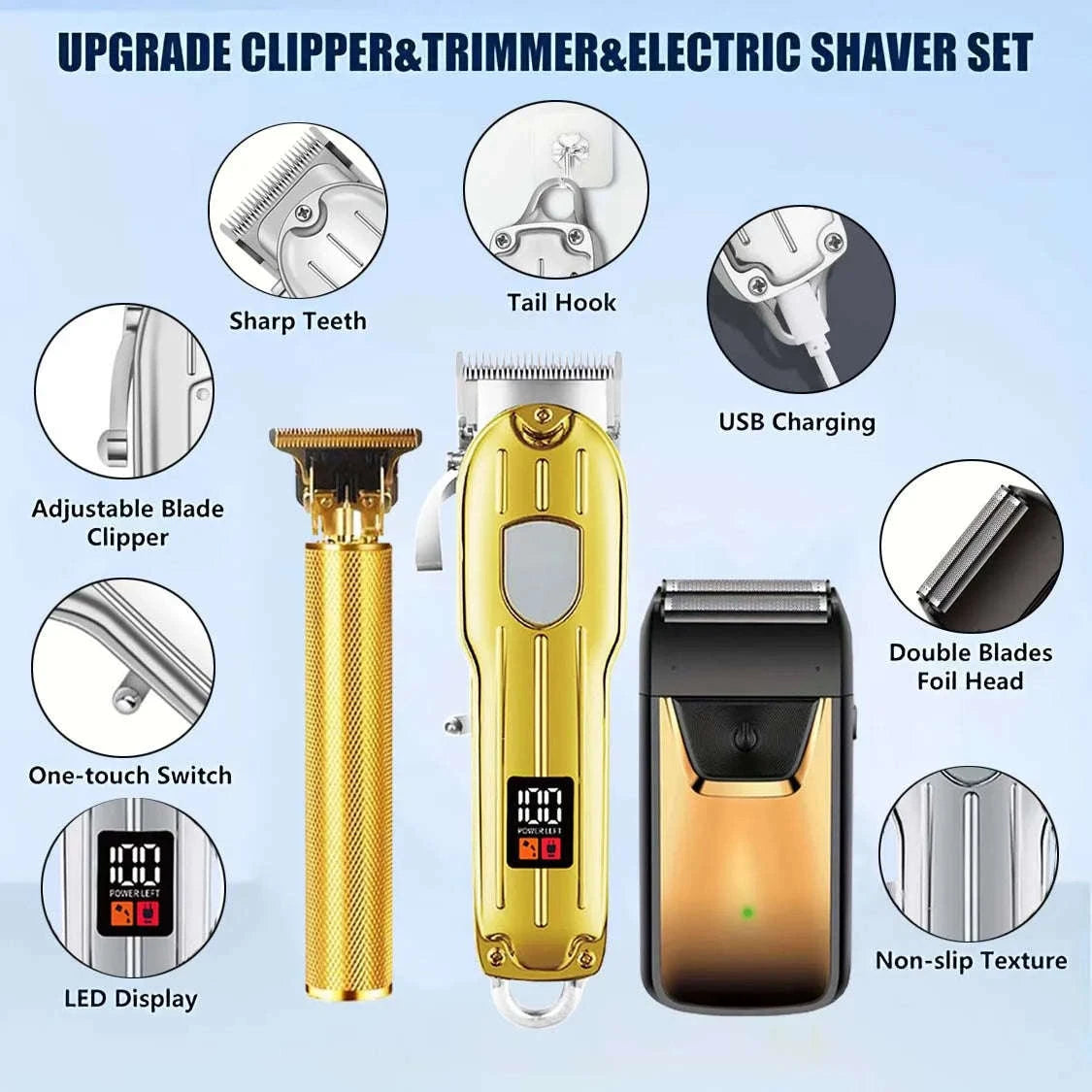 Men’s Hair Clipper & Beard Trimmer Kit with Titanium Blades-1 pc T9 (Gold) / United States