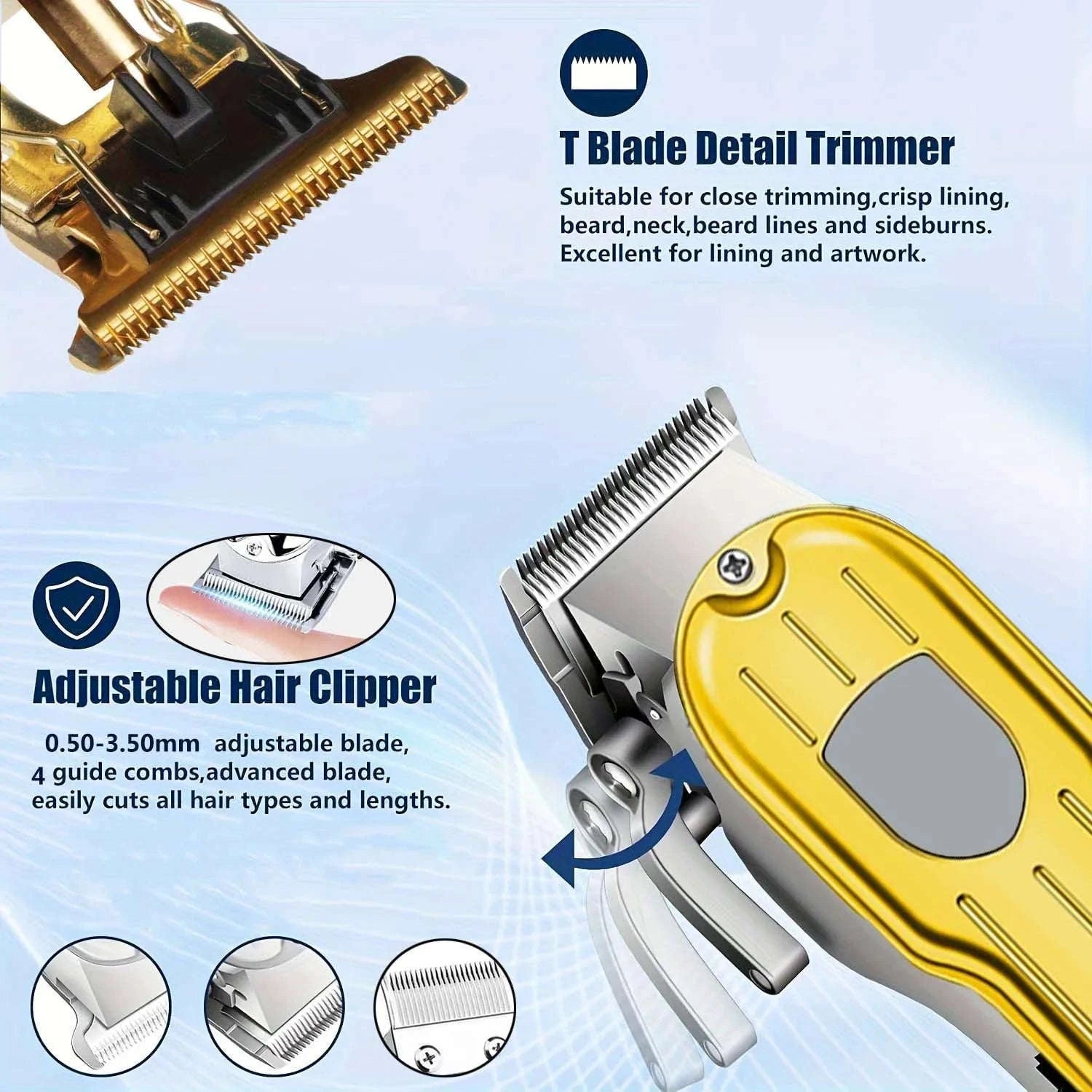 Men’s Hair Clipper & Beard Trimmer Kit with Titanium Blades-1 pc T9 (Gold) / United States