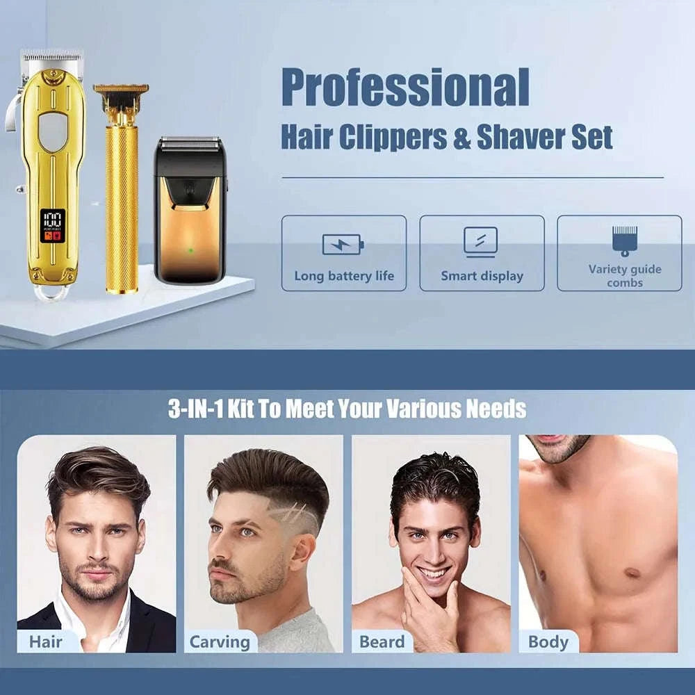 Men’s Hair Clipper & Beard Trimmer Kit with Titanium Blades-1 pc T9 (Gold) / United States