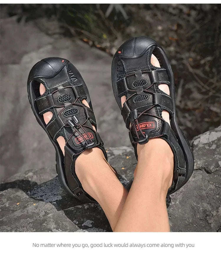 Men's Handmade Leather Fisherman Sandals-Brown / 42