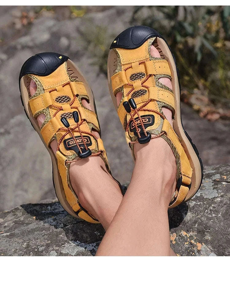Men's Handmade Leather Fisherman Sandals-Brown / 42