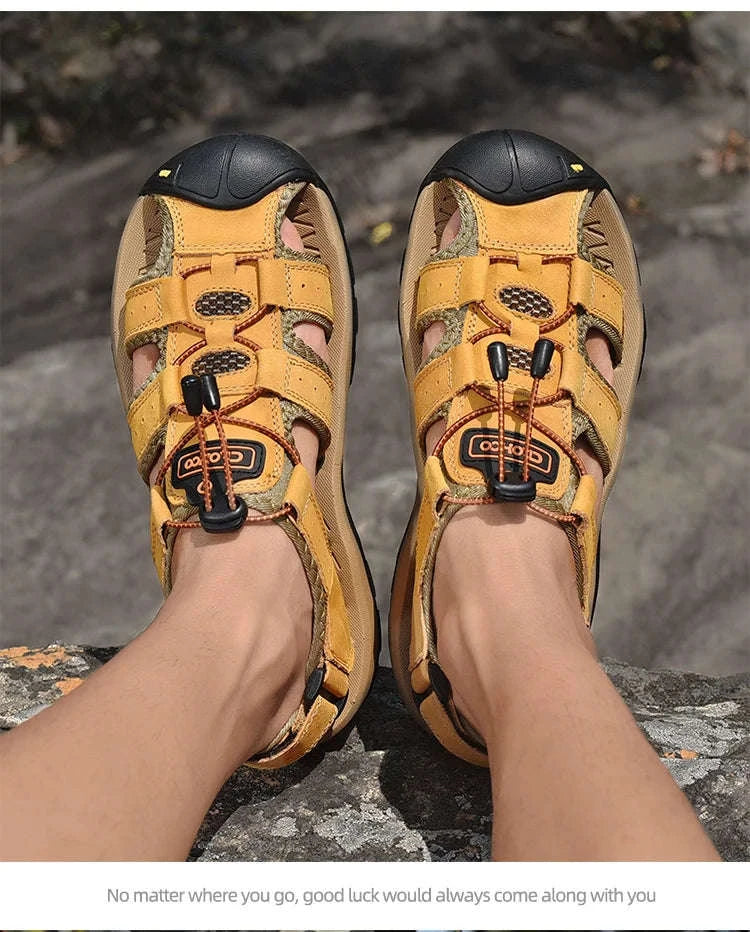 Men's Handmade Leather Fisherman Sandals-Brown / 42