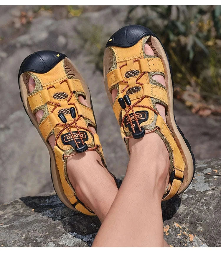 Men's Handmade Leather Fisherman Sandals-Brown / 42