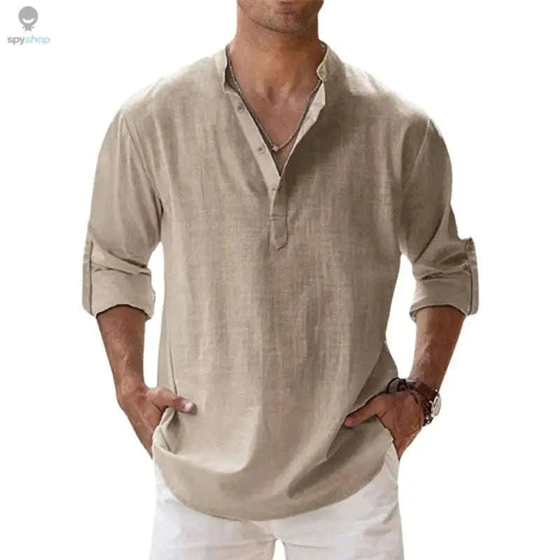 Men's Lightweight Linen Shirt for Breezy Daily and Beach Wear-Khaki / S