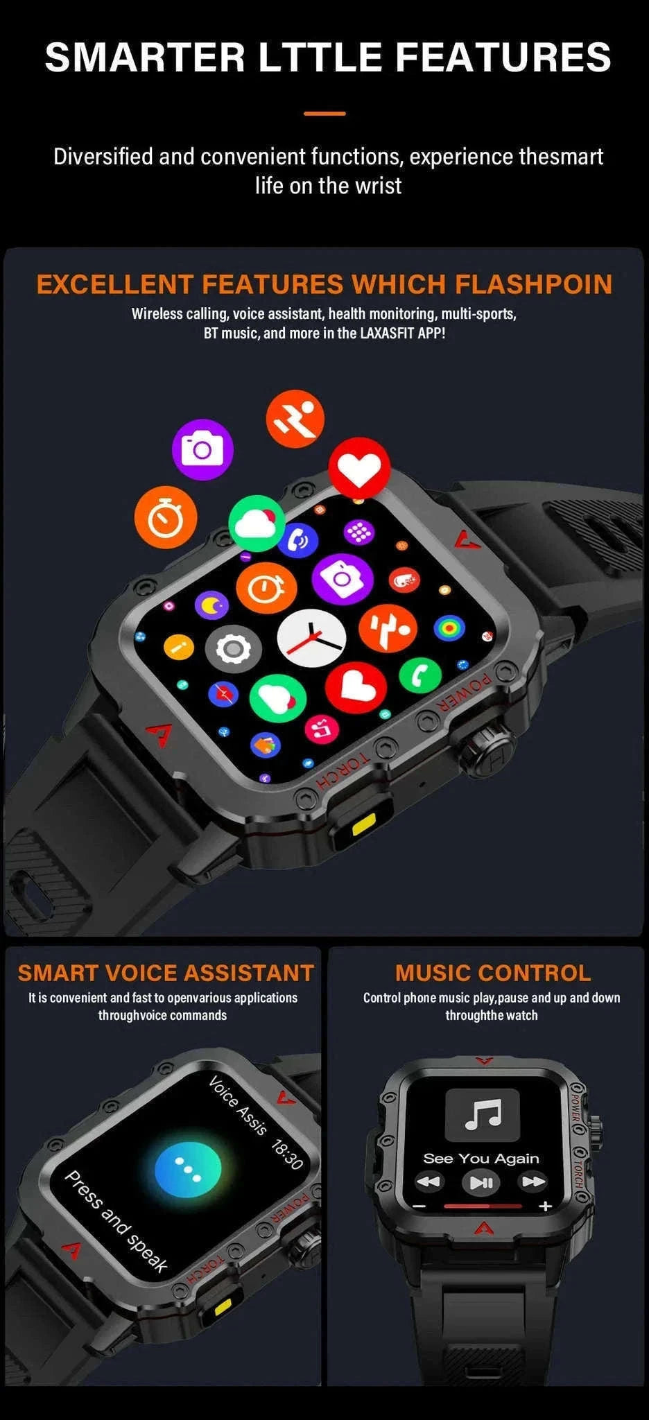 Men's Outdoor Sports Smart Watch with LED Flashlight-Brown