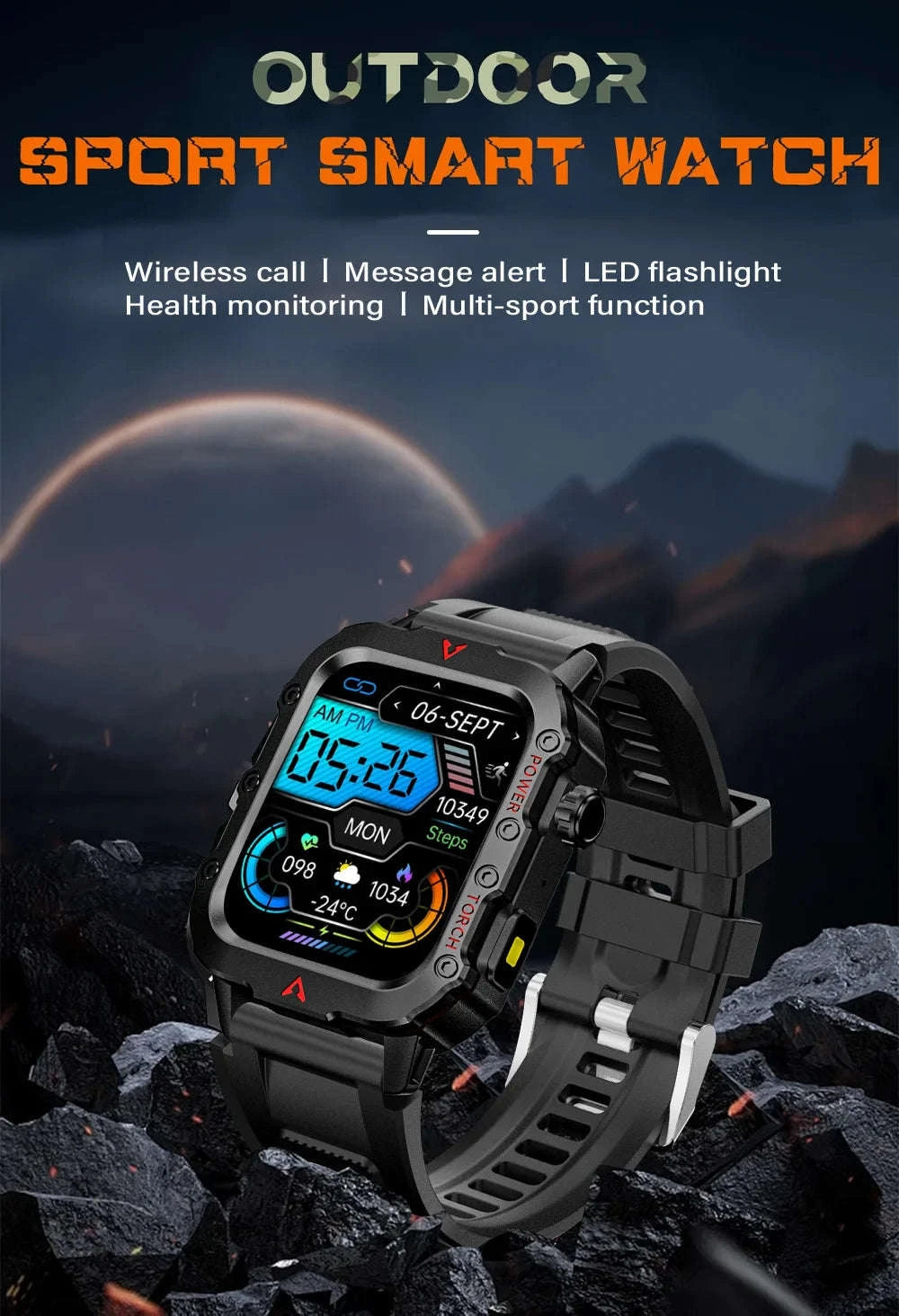 Men's Outdoor Sports Smart Watch with LED Flashlight-Brown