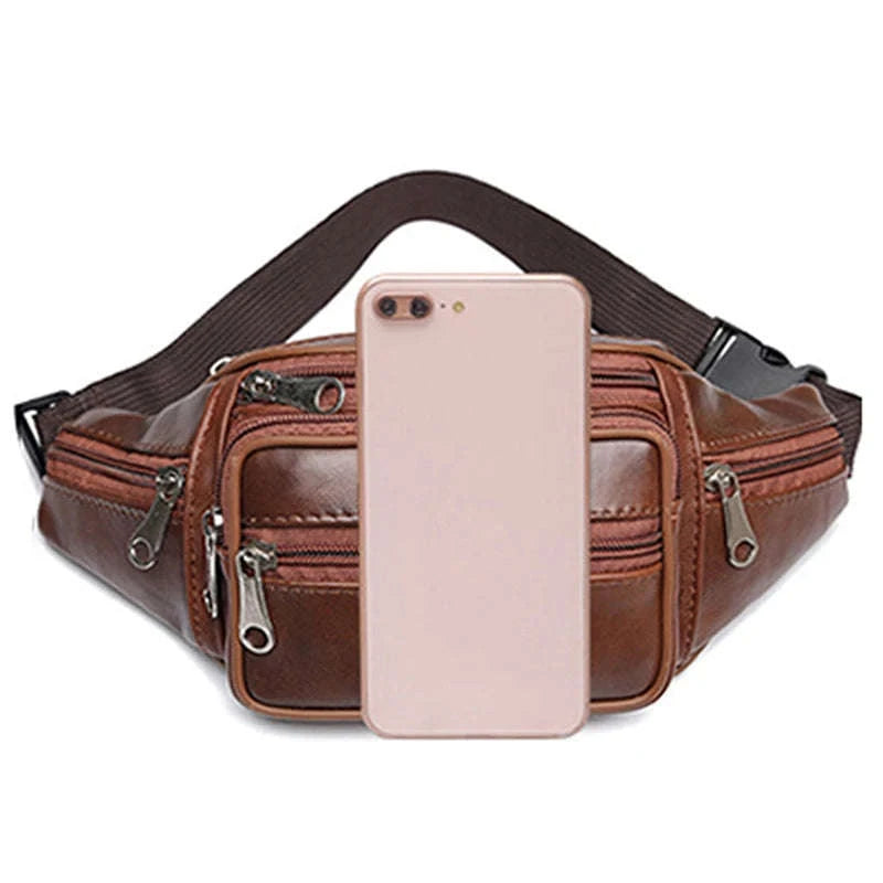 Men’s PU Leather Waist Pack Adjustable Belt Crossbody Bag-black