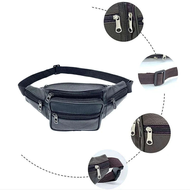 Men’s PU Leather Waist Pack Adjustable Belt Crossbody Bag-black