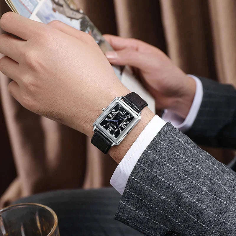 Men’s Quartz Wristwatch with Leather Strap and Roman Numerals-black rose white