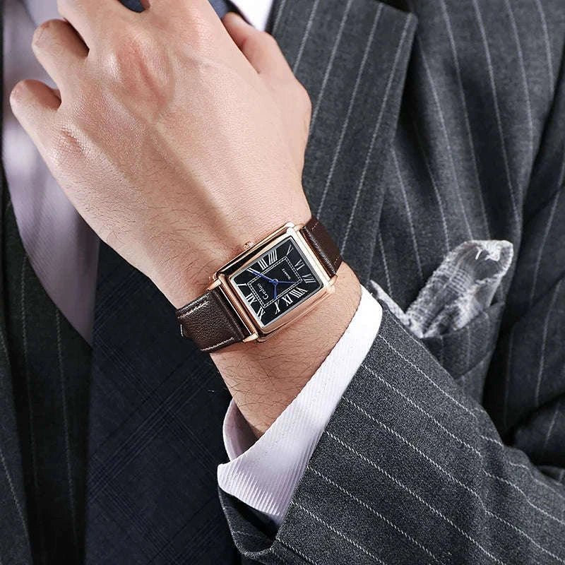 Men’s Quartz Wristwatch with Leather Strap and Roman Numerals-black rose white