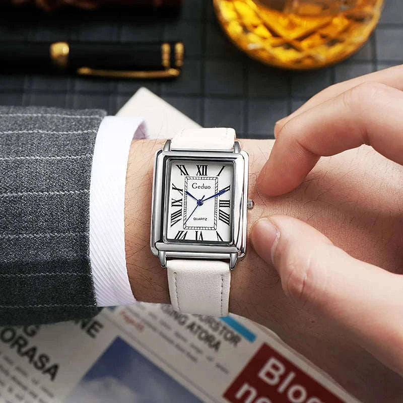 Men’s Quartz Wristwatch with Leather Strap and Roman Numerals-black rose white