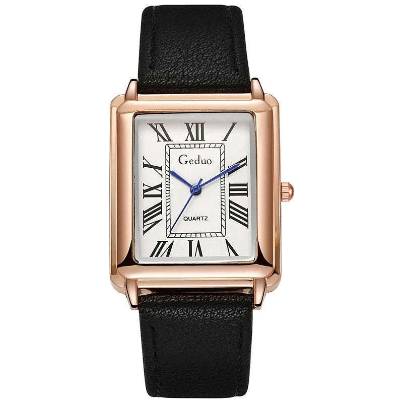 Men’s Quartz Wristwatch with Leather Strap and Roman Numerals-black rose white