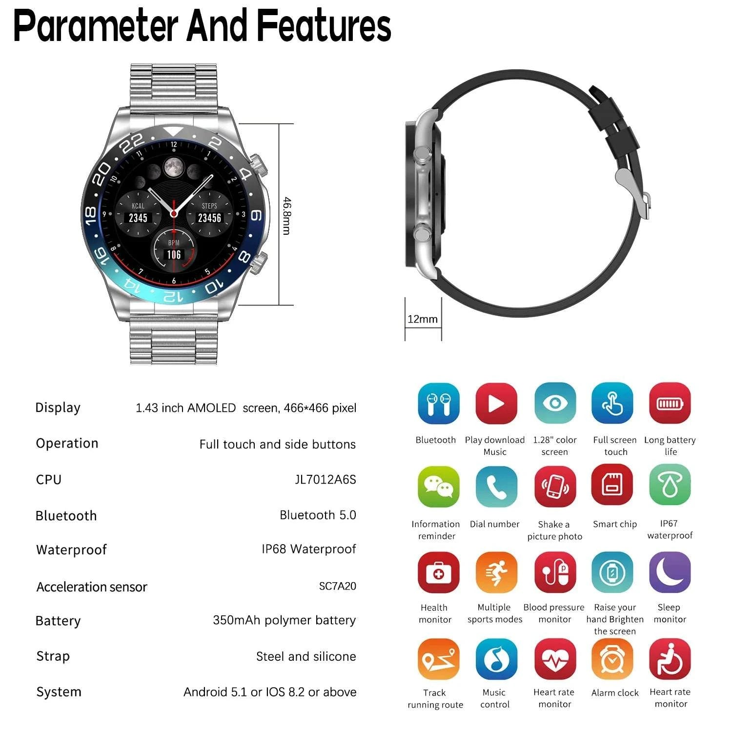 Men’s Smartwatch with AMOLED Display, Bluetooth Call & Fitness Tracking-Silver Black / United States