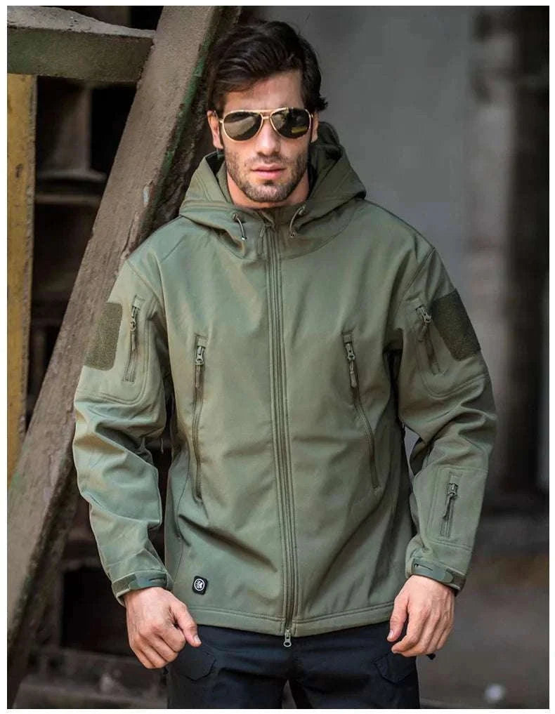 Men’s Tactical Waterproof Soft Shell Jacket with Hood – Windproof-Green SYP888 / M 57-65KG