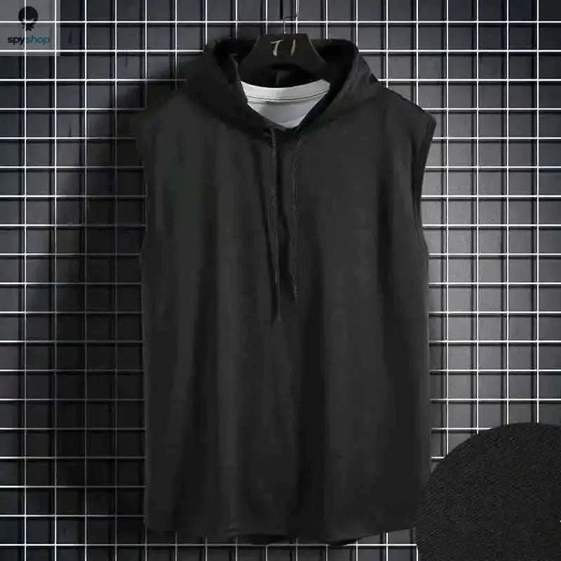 Men's Tie Collar Hooded Sleeveless Vest-Black / M