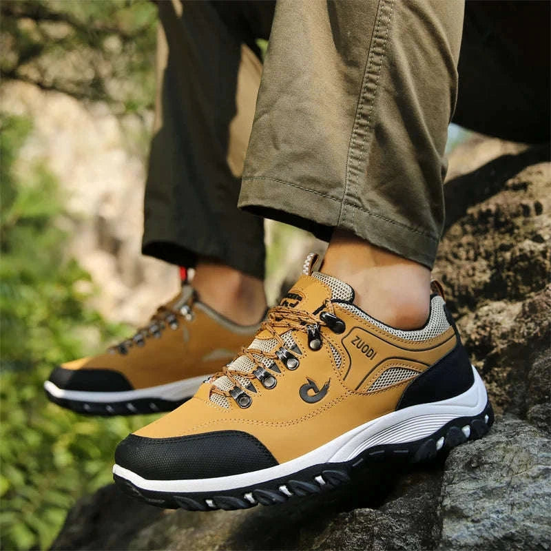 Men's Waterproof Anti-Slip Leather Hiking Shoes-692--Yellow / 46