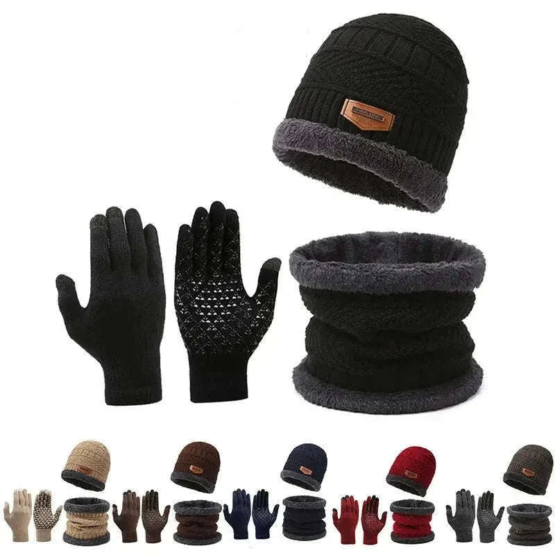 Men's Windproof Hat, Scarf & Gloves Insulated Knit Set-Khaki