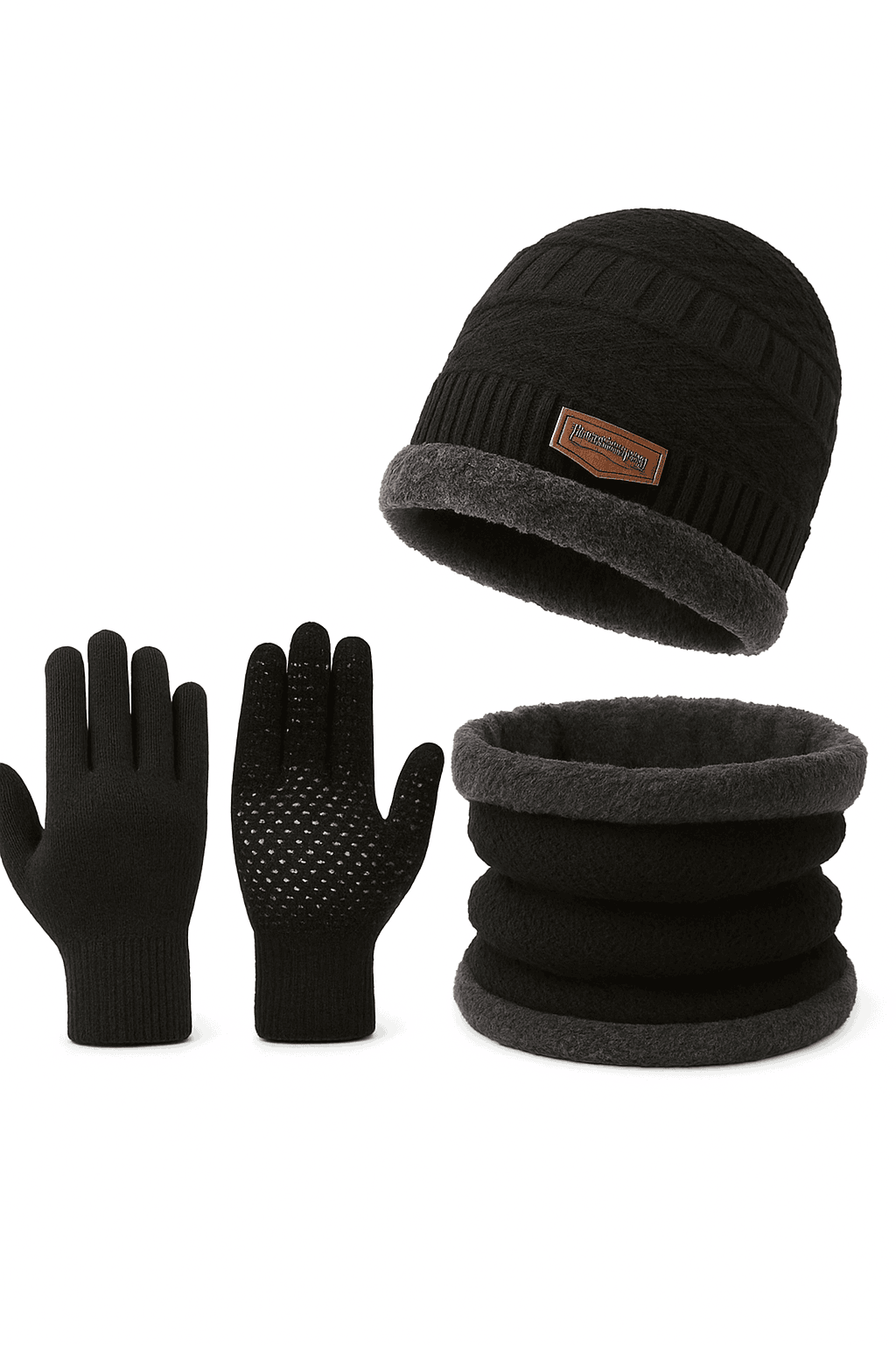 Men's Windproof Hat, Scarf & Gloves Insulated Knit Set-Khaki