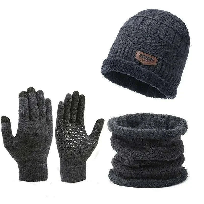 Men's Windproof Hat, Scarf & Gloves Insulated Knit Set-Khaki